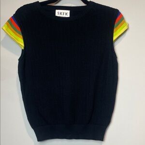 New SKFK Goizargi Gots Black Knit Sweater Top Rainbow Sleeves Size 6 Retail $111